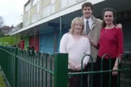 Anne Work, Sharon Mintoff and David Goodall by the Meggason Avenue parade of shops