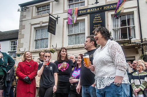 Helen joins in the celebrations at the Bailey Head