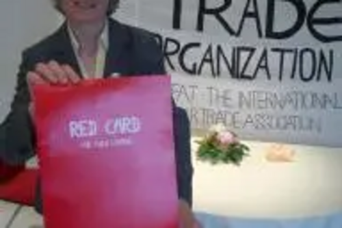 Fiona Hall with Fair Trade "Red Card"