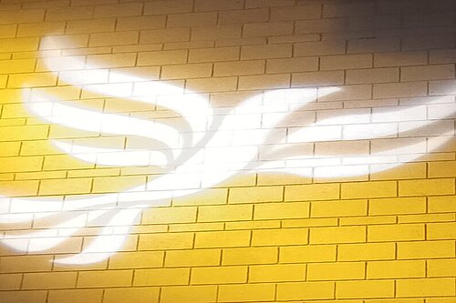 Lib Dem logo bird projected on blockwork