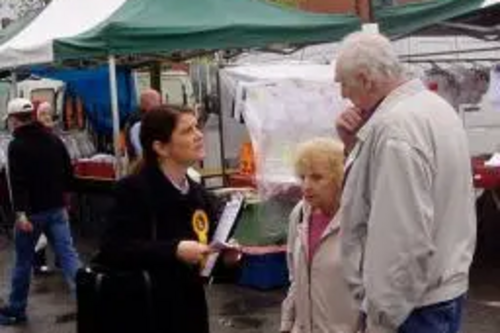 Eleanor talks to pensioners in Sandbach market