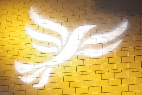 The Lib Dem logo in front of a brick wall.