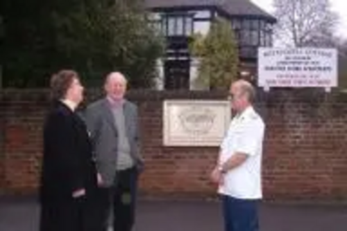 Anne with Barry Liddle and Mick Young outside Kettlewell Hill Nursing Home