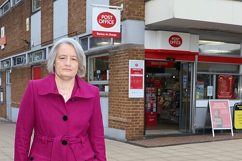 Claire outside Yate Post Office