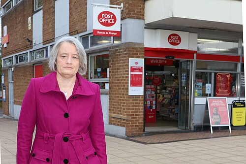 Claire Young outside Yate Post Office