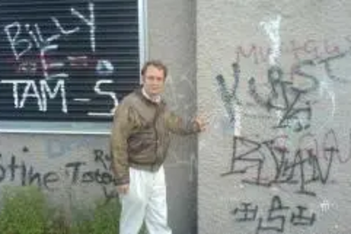 Allan Petrie campaigning for a graffiti clean up in Douglas