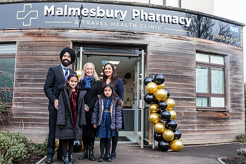 Roz Savage MP with family at Malmesbury Pharmacy