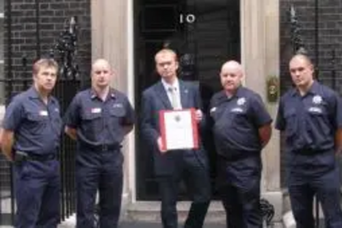 Tim Farron MP and fire-fighters at 10 Downing Street