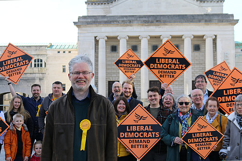 Picture of Richard Blackman and Lib Dem activists in front of the Southampton Civic Centre