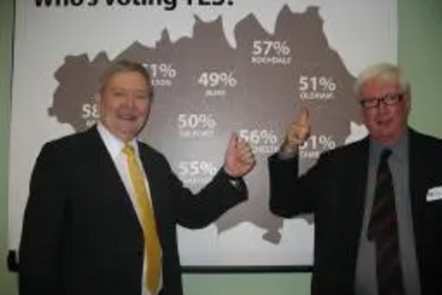 Leader of Rochdale Council Alan Taylor alongside Paul Rowen MP at the lauch of the 'Yes' campaign.