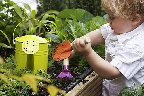 A child digging in soil with a trowel.