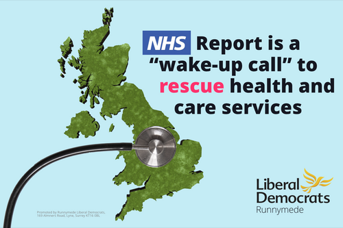 Graphic showing British Isles with NHS report is a wake up call & a stethoscope