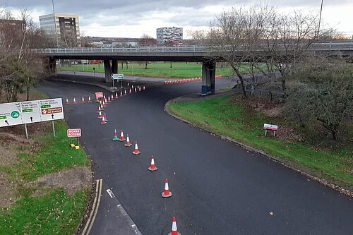 view of traffic cones blocking A167 flyover