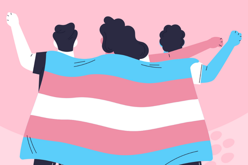 Cartoon graphic showing three people facing away from the image, they are holding a trans pride flag draped across their shoulders.