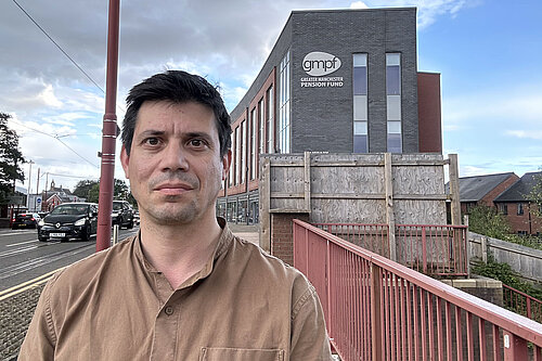 Councillor Sam Al-Hamdani outside the GMPF offices