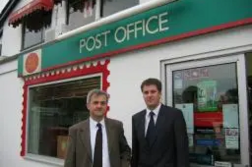 Cllr David Goodall and Chris Huhne MP outside West End Post Office